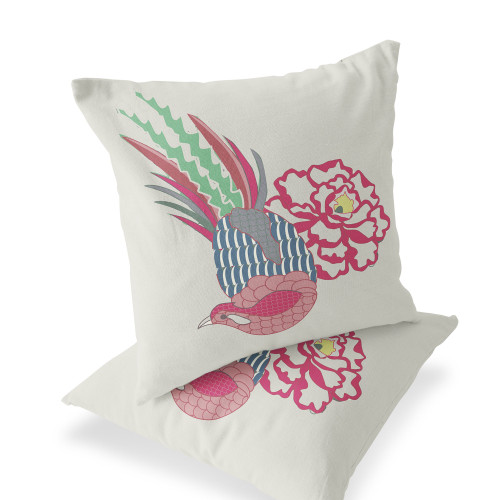 Set of Two Pink And White Peacock Indoor Outdoor Throw Pillow