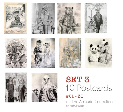 Assorted cards. 21 thru 30 of the Anicurio collection of Pencil Illustrations