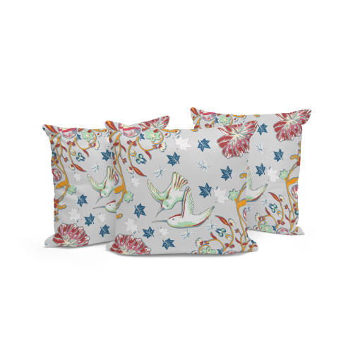 Set of Three Gray Blue And Off White Bird Indoor Outdoor Throw Pillow