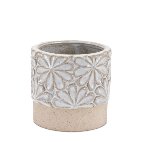 Set of Two Beige And Gray Ceramic 5 Ounce Leaf Round Pot Planters