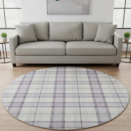 8' Lavender Ivory And Purple Plaid Washable Round Rug With UV Protection