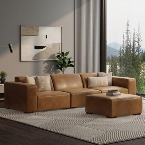 122" Brown Leather Wood Sofa With Ottoman