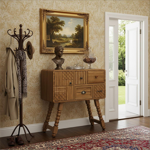 32" Sepia Solid Wood Console Accent Cabinet With Single Door And Four Drawers