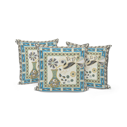 Set of Three Off White Gray And Green Peacock Indoor Outdoor Throw Pillow
