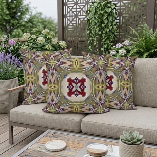 Set of Three Green Cream And Magenta Floral Indoor Outdoor Throw Pillow