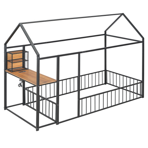 Black Metal Twin House Bed With USB