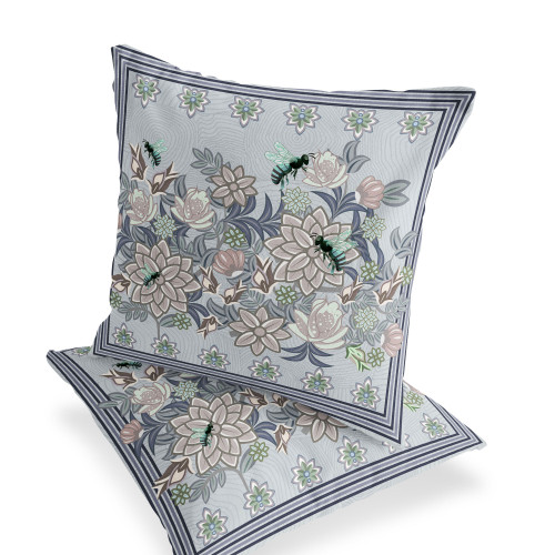 Set of Two Gray Purple Brown And Green Bee Floral Indoor Outdoor Throw Pillow