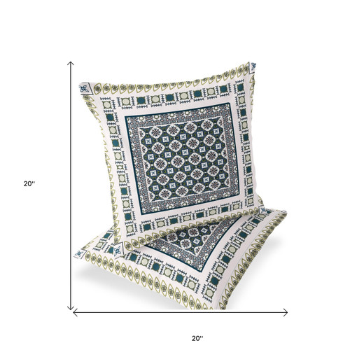 Set of Two White And Green Floral Indoor Outdoor Throw Pillow