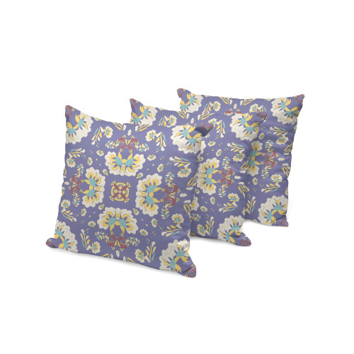 Set of Three Purple And Yellow Floral Indoor Outdoor Throw Pillow