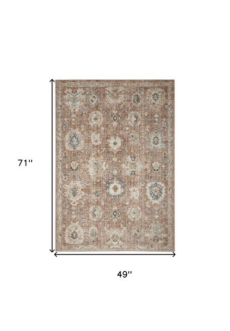 4' X 6' Rust Green And Black Floral Distressed Area Rug