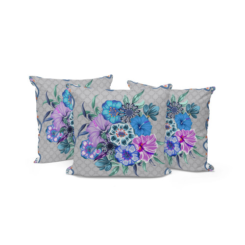 Set of Three Beige Blue And Gray Floral Indoor Outdoor Throw Pillow