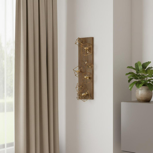22" Brass Distressed Geometric Brass And Solid Wood Wall Sconce Candle Holder