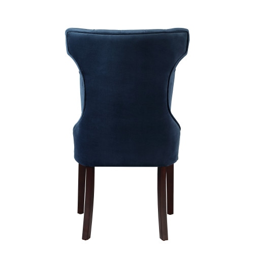 Set of Two Tufted Navy Blue And Espresso Upholstered Velvet Dining Side Chairs