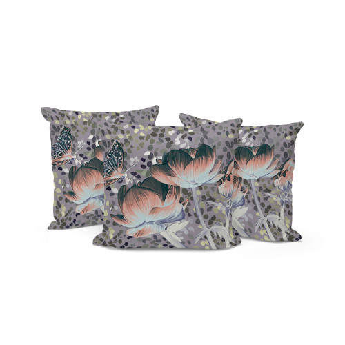 Set of Three Pink Dark Green And Gray Floral Indoor Outdoor Throw Pillow