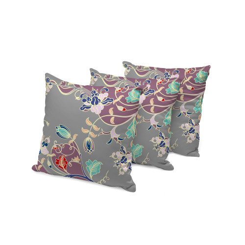 Set of Three Purple Gray And Blue Floral Indoor Outdoor Throw Pillow
