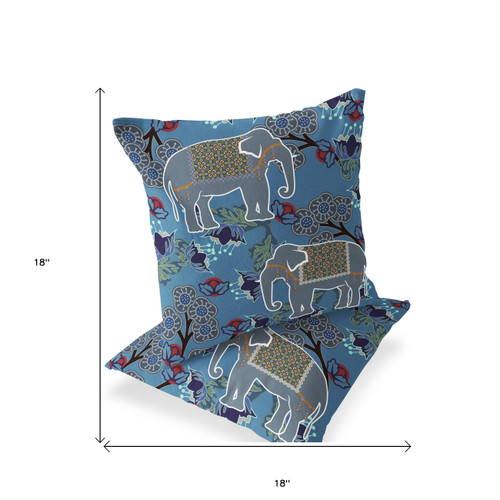 Set of Two Blue And White Elephant Indoor Outdoor Throw Pillow