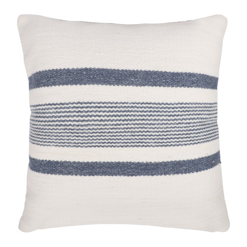 20" Ivory And Blue Beach Striped Throw Pillow Cover