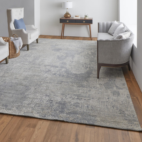 12' X 15' Gray and Silver Abstract Hand Woven Worn Faded Area Rug