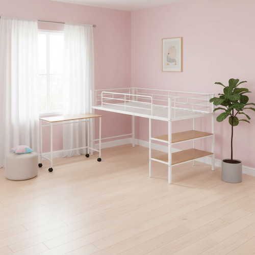 White Slat Metal Twin Loft Bed with Desk and Shelves