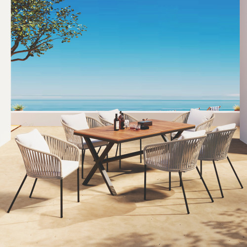 Seven Piece Brown and Black Solid Wood Dining Set with Six Chairs