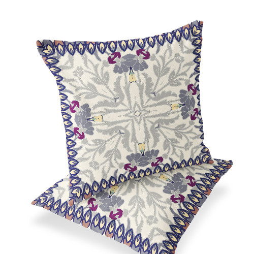 Set of Two Gray And Navy Blue Botanical Indoor Outdoor Throw Pillow