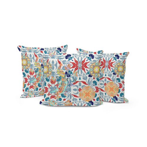 Set of Three White And Red Peacock Indoor Outdoor Throw Pillow