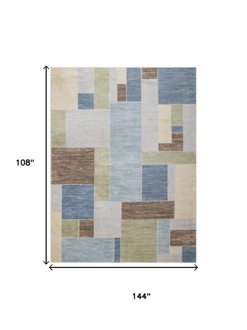 9' X 12' Blue Brown And Tan Geometric Washable Area Rug