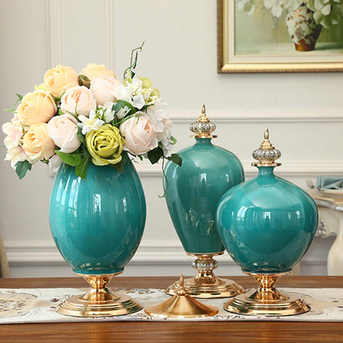  Ceramic Oval Flower Vase with Gold Metal Base