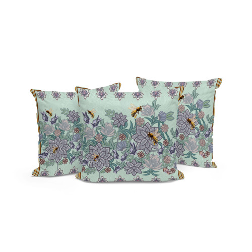 Set of Three Light Green Purple And Brown Bee Floral Indoor Outdoor Throw Pillow