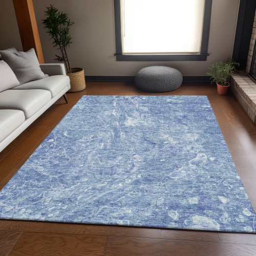 3' X 5' Sky Blue And Ivory Abstract Washable Area Rug With UV Protection