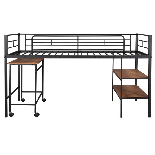 Black Slat Metal Twin Loft Bed with Desk and Shelves