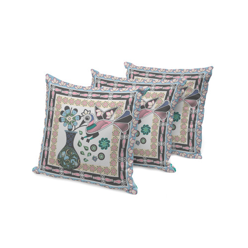 Set of Three Gray Black And Pink Peacock Indoor Outdoor Throw Pillow