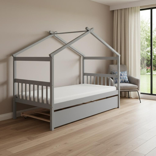 Gray Wood Twin House Bed With Trundle
