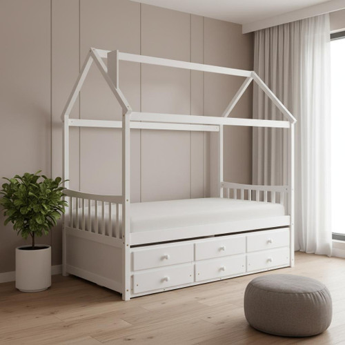White Wood Twin House Bed With Trundle