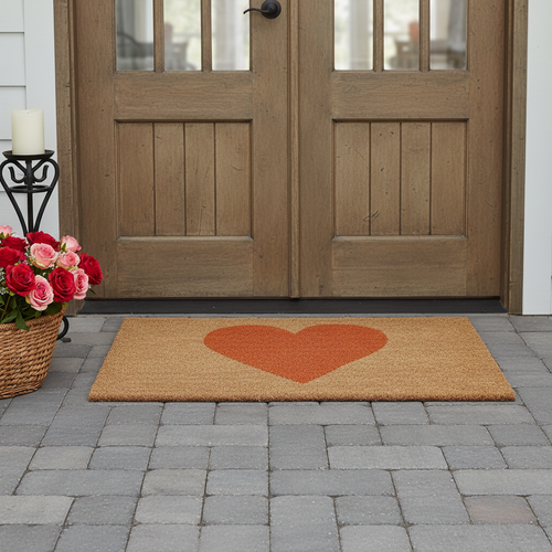 24" X 48" Brown And Orange Heart Outdoor Coir Door Mat