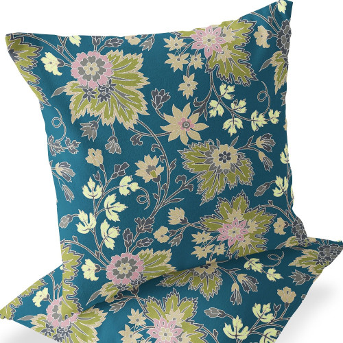Set of Two Green And Blue Floral Indoor Outdoor Throw Pillow