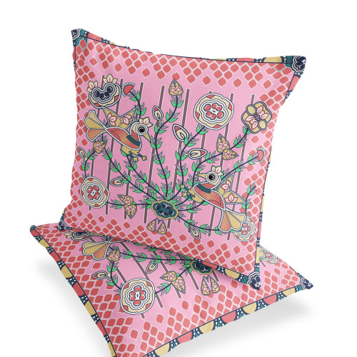 Set of Two Pink Peach And Yellow Peacock Indoor Outdoor Throw Pillow