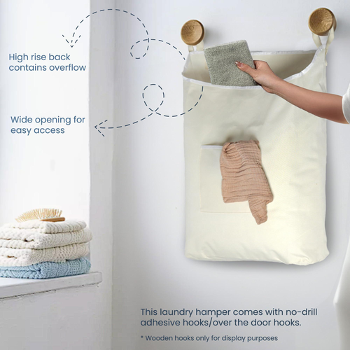Hanging Laundry Hamper with Over Door Hooks & Adhesive Durable Space Saving Laundry Bag with Zipper and Wide Open Top Hanging Dorm Laundry Hamper 18 x