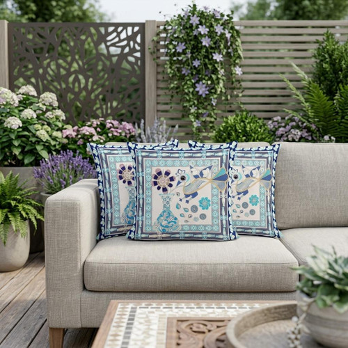 Set of Three Beige And Black Peacock Indoor Outdoor Throw Pillow