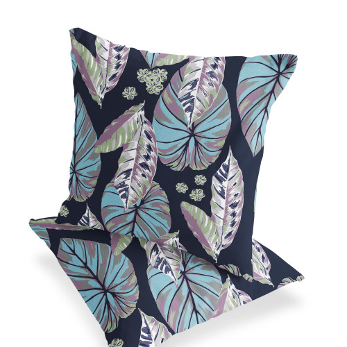 Set of Two Blue And Purple Botanical Indoor Outdoor Throw Pillow