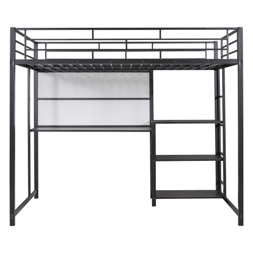 Black And Natural Slat Steel Full Double Loft Bed With Desk And Shelve