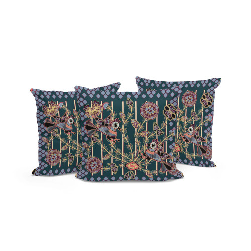 Set of Three Dark Green Blue Gray And Pink Peacock Indoor Outdoor Throw Pillow