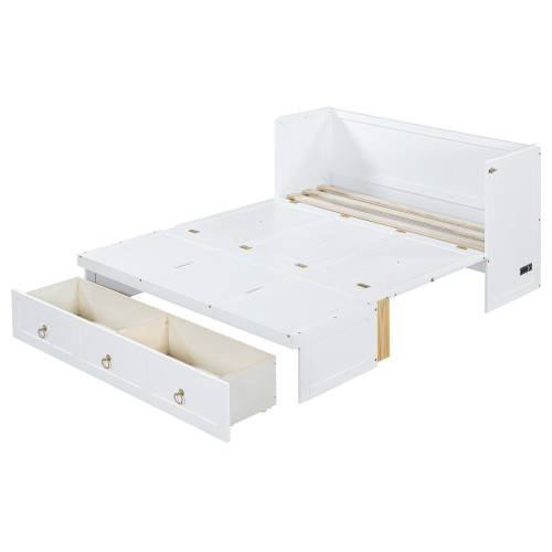 White Wood Queen Murphy Bed With Drawers