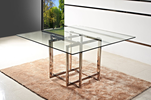 59" Clear And Gold Square Glass And Metal Trestle Base Dining Table