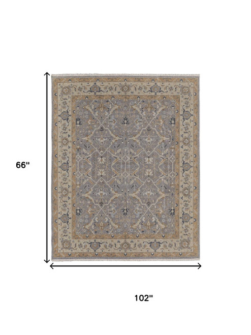 6' X 9' Tan and Gray Wool Oriental Hand Knotted Area Rug With Fringe