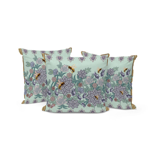 Set of Three Light Green Purple And Brown Bee Floral Indoor Outdoor Throw Pillow