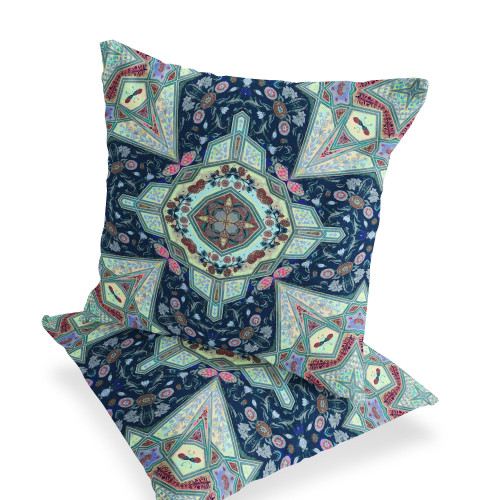 Set of Two Indigo And Aqua Floral Indoor Outdoor Throw Pillow