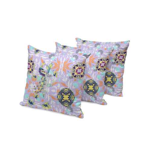 Set of Three Purple And Yellow Peacock Indoor Outdoor Throw Pillow
