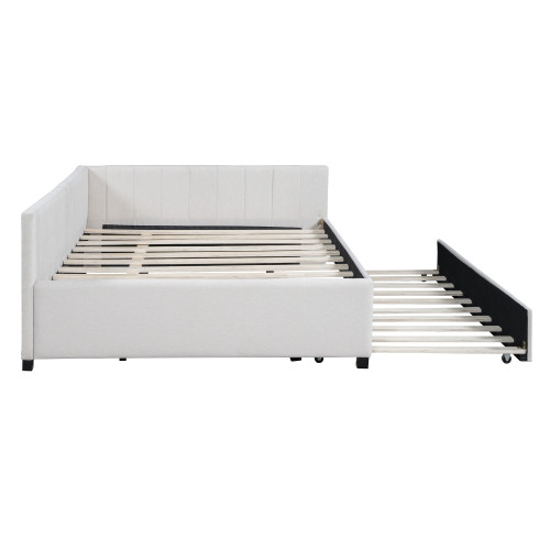 Beige Tufted Linen Upholstered Full Day Bed With Trundle