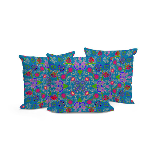Set of Three Dark Blue Pink And Green Paisley Indoor Outdoor Throw Pillow